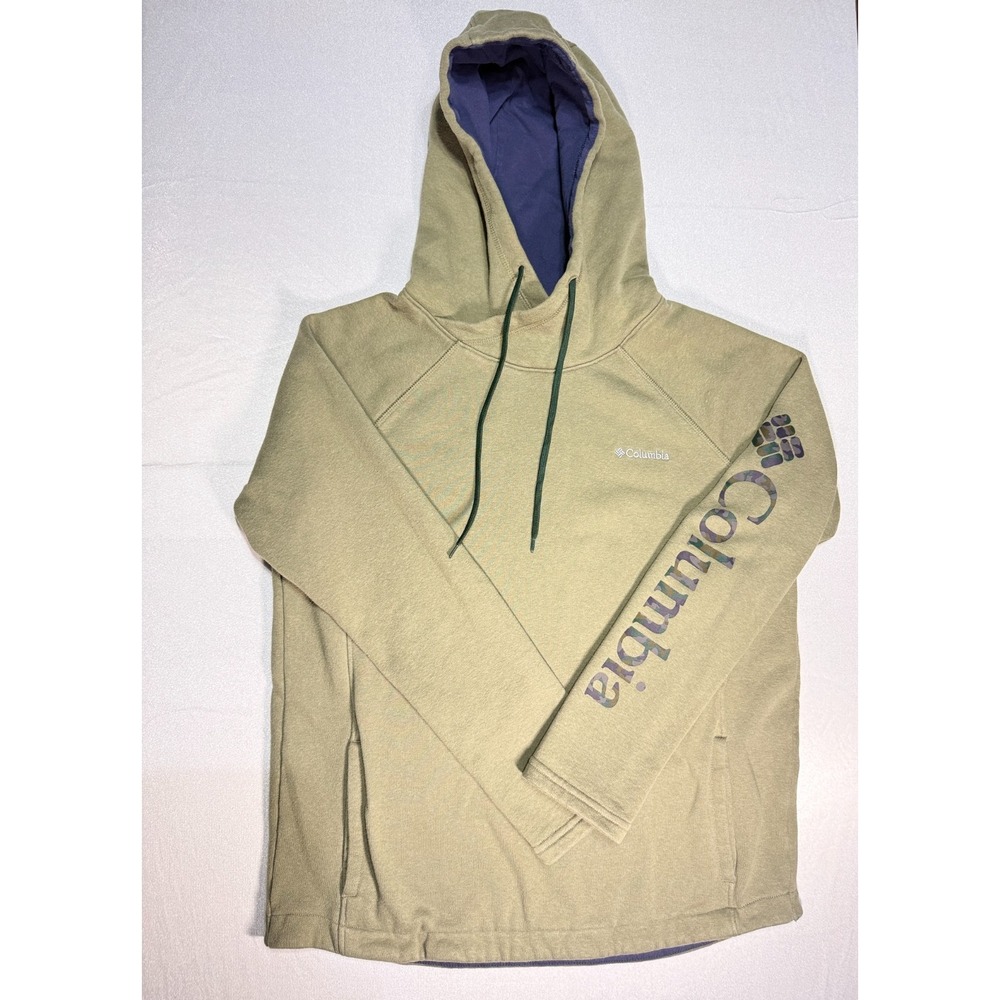 Columbia Hoodie Mens M Olive Green Camo Sleeve Logo Pullover Sweatshirt Outdoor